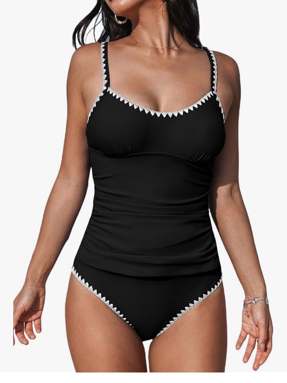 Cupshe Black Tankini Swimsuit with White Zigzag Trim